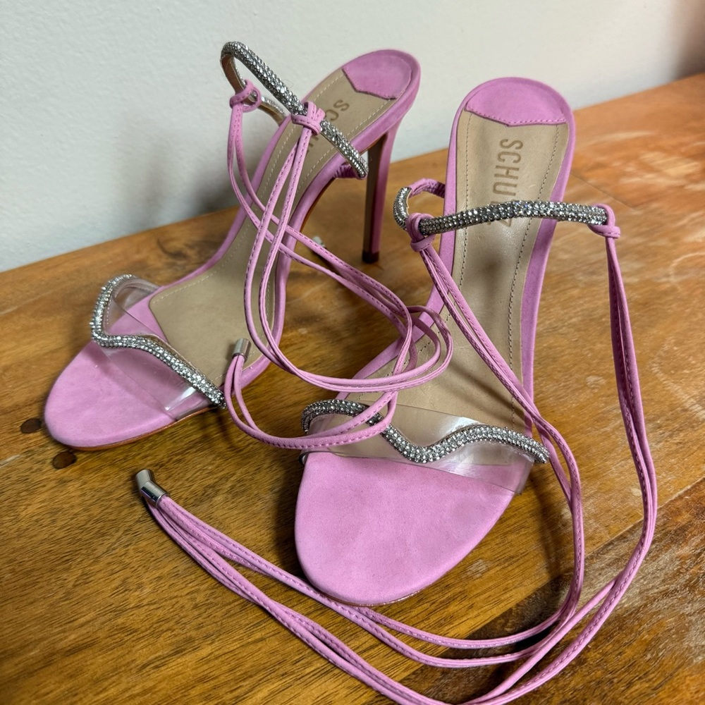 NEW Schutz Pink Suede Rhinestone Lace-Up Heels
